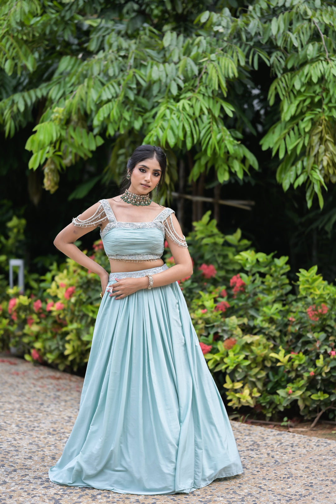 Powder Blue Tassel Shoulder Lehenga with Embellished Blouse