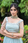 Powder Blue Tassel Shoulder Lehenga with Embellished Blouse