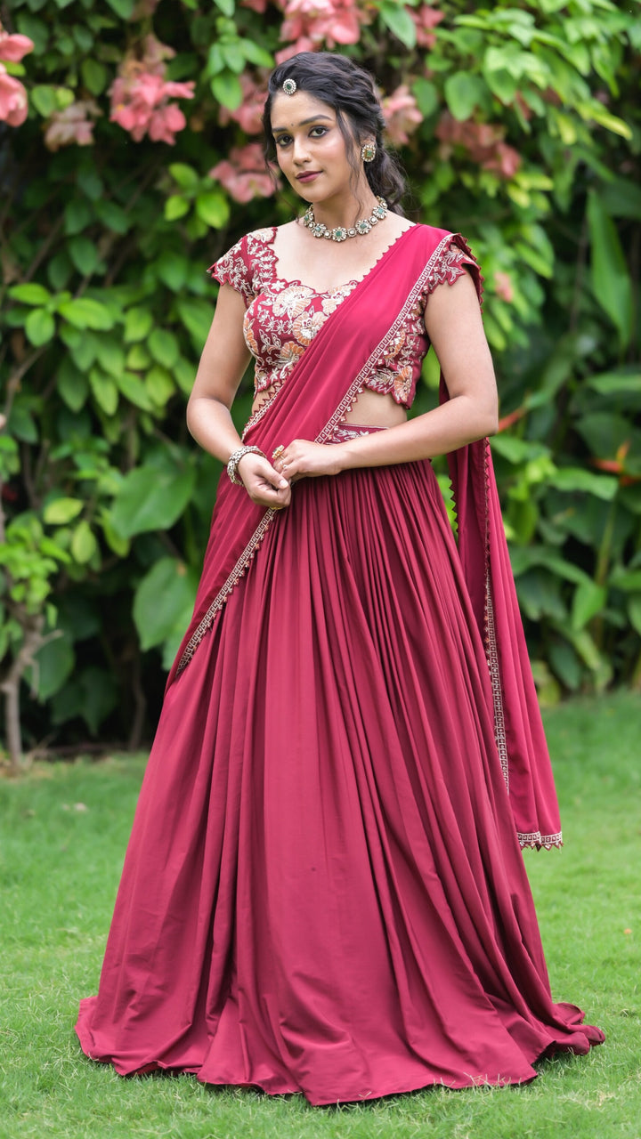 Wine Maroon Embroidered Lehenga with Cap Sleeve Blouse