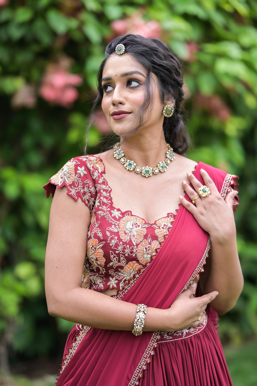 Wine Maroon Embroidered Lehenga with Cap Sleeve Blouse