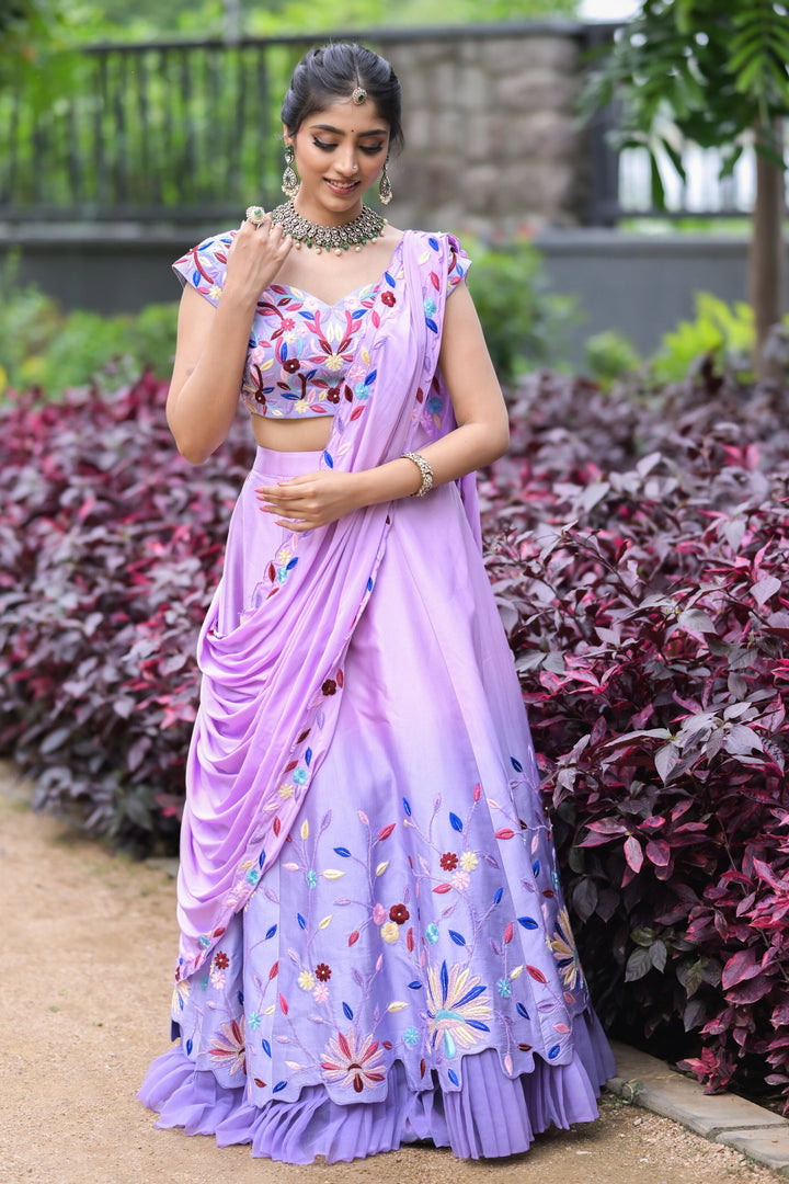 Lavender Floral Embroidered Lehenga with Ruffled Hem
