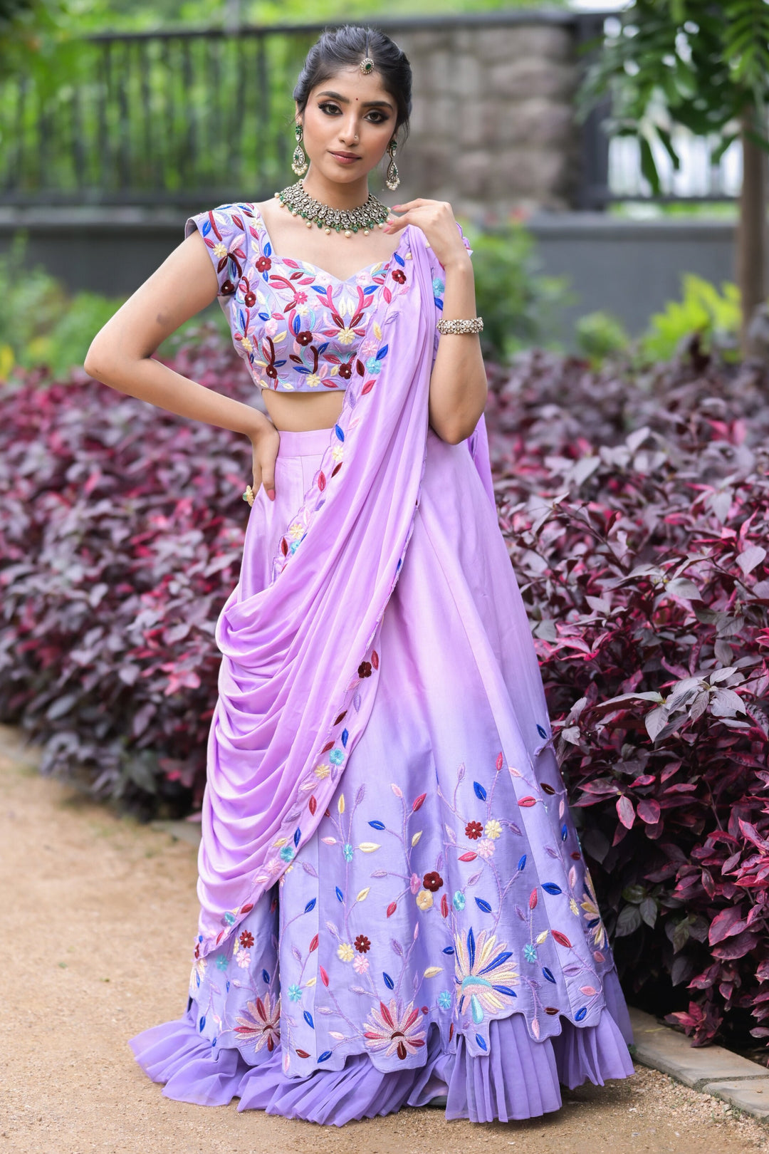 Lavender Floral Embroidered Lehenga with Ruffled Hem