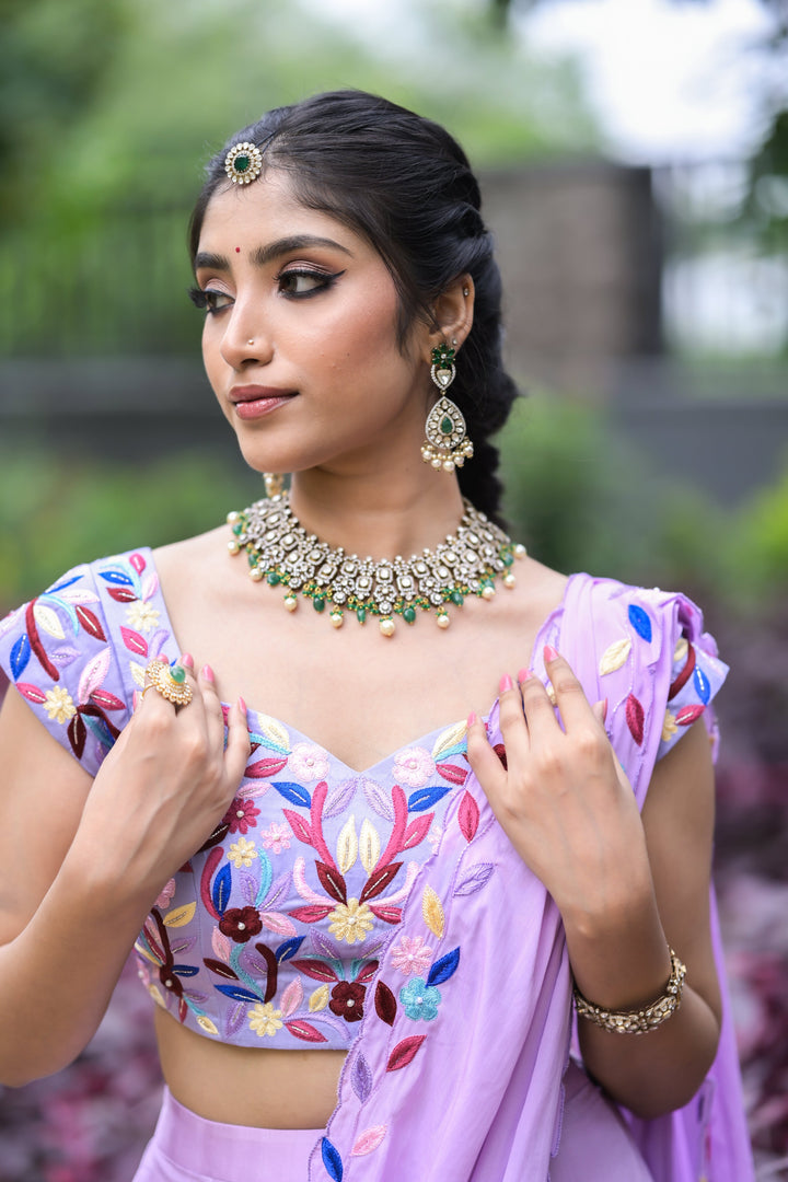 Lavender Floral Embroidered Lehenga with Ruffled Hem