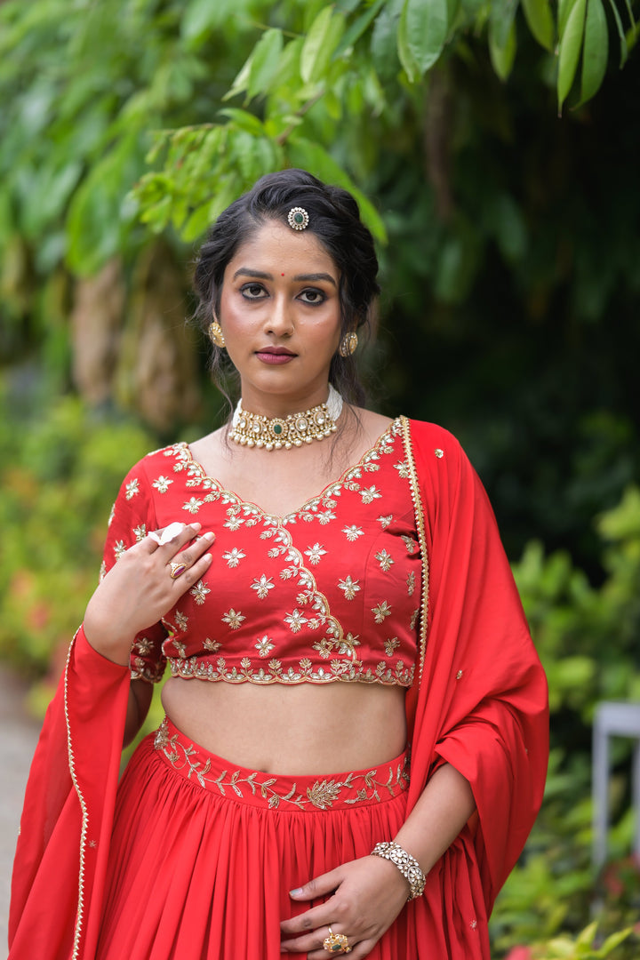 Scarlet Red Embroidered Lehenga Set with Gold Detailing