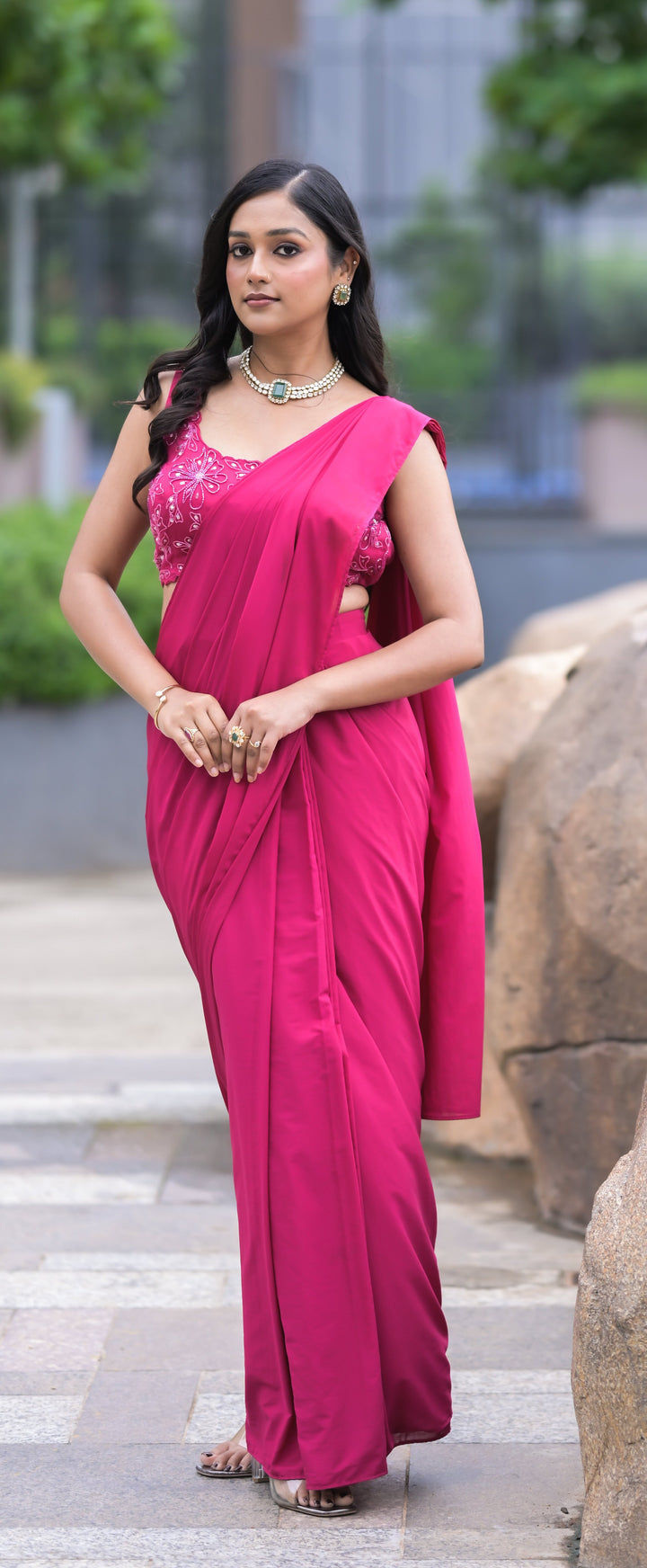 Magenta Pink Hand-Embellished Saree with Floral Blouse