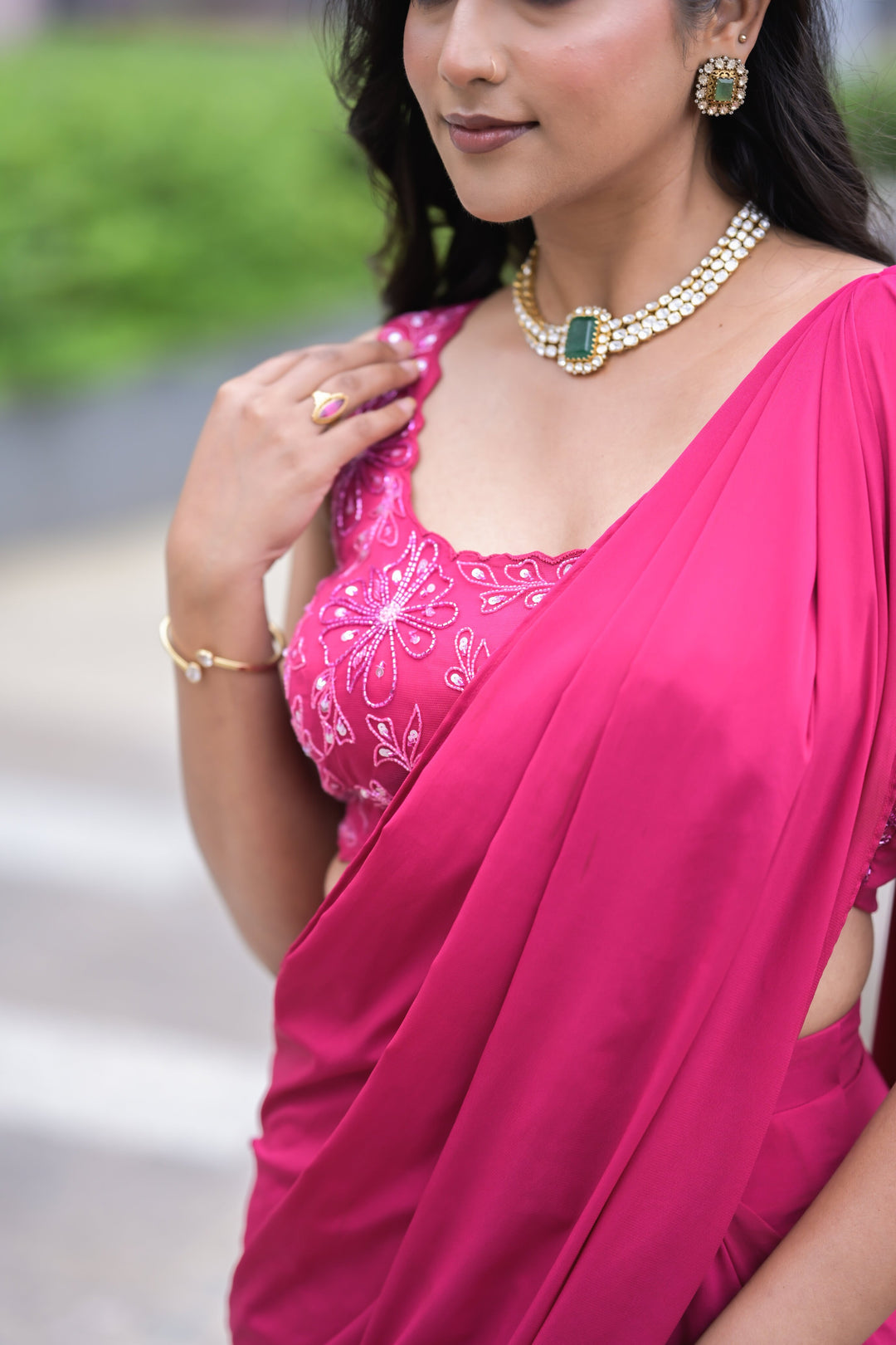 Magenta Pink Hand-Embellished Saree with Floral Blouse