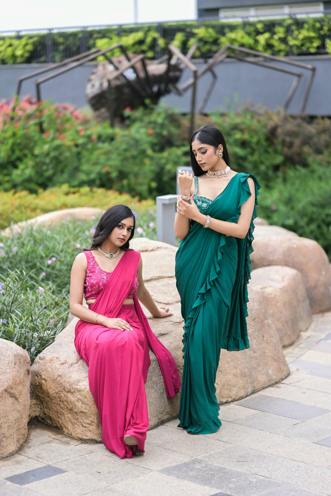 Emerald Green Ruffle Drape Saree with Hand Embroidered Blouse