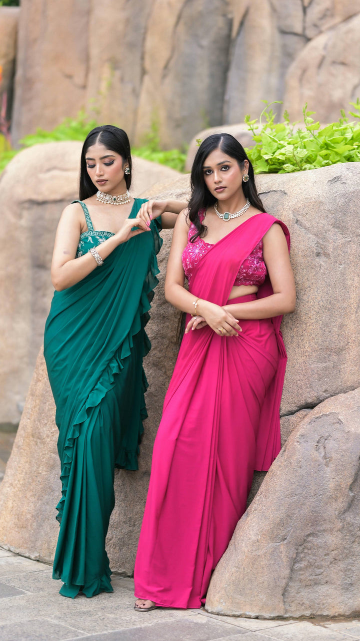 Emerald Green Ruffle Drape Saree with Hand Embroidered Blouse