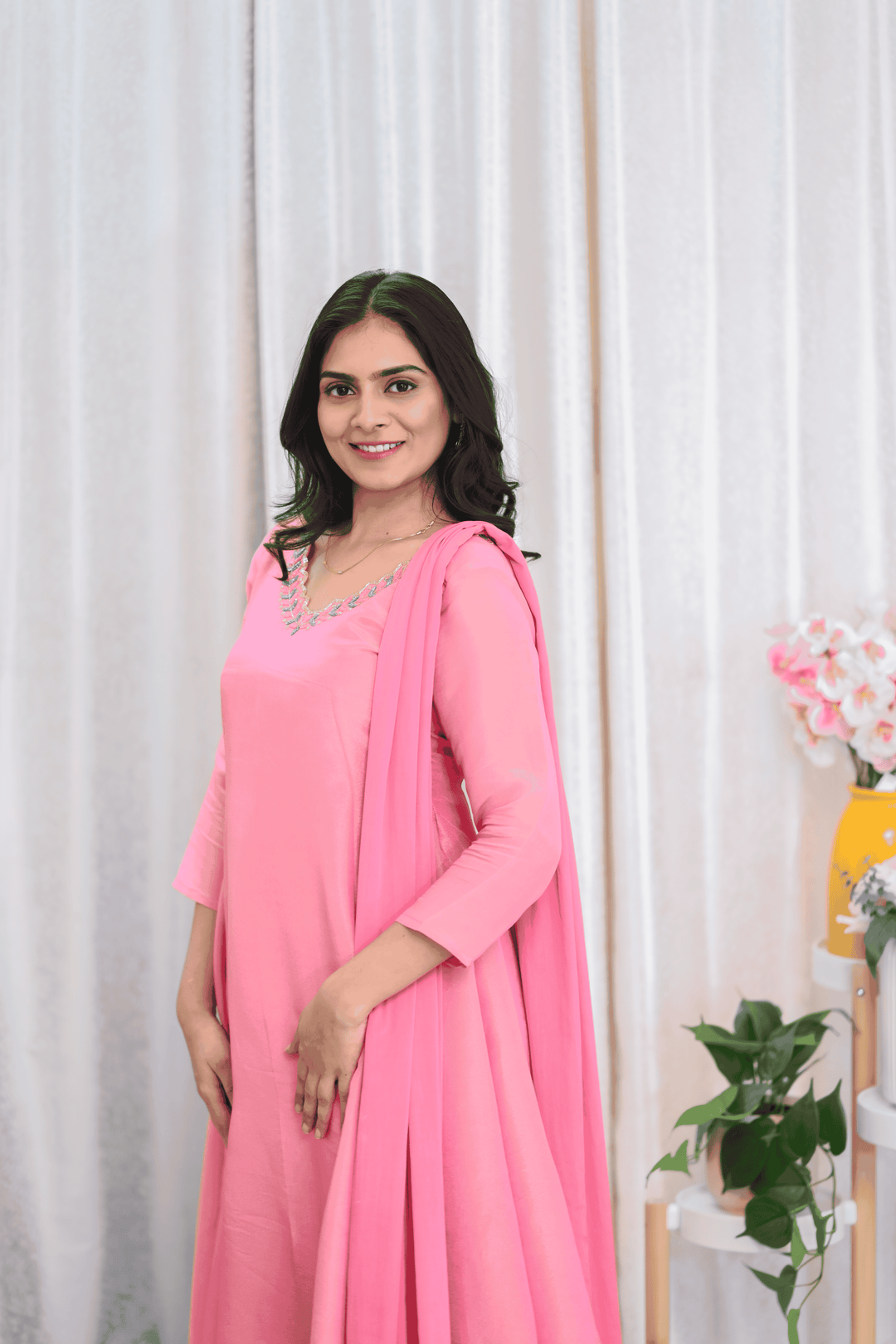 Blush Charm Designer Tissue Kurti Set with Pastel Embroidery