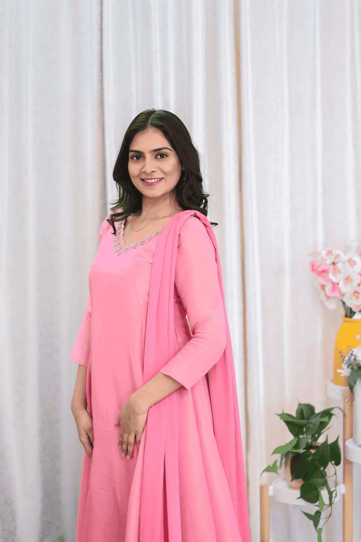 Blush Charm Designer Tissue Kurti Set with Pastel Embroidery