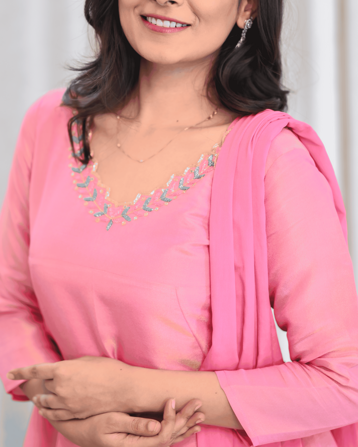 Blush Charm Designer Tissue Kurti Set with Pastel Embroidery