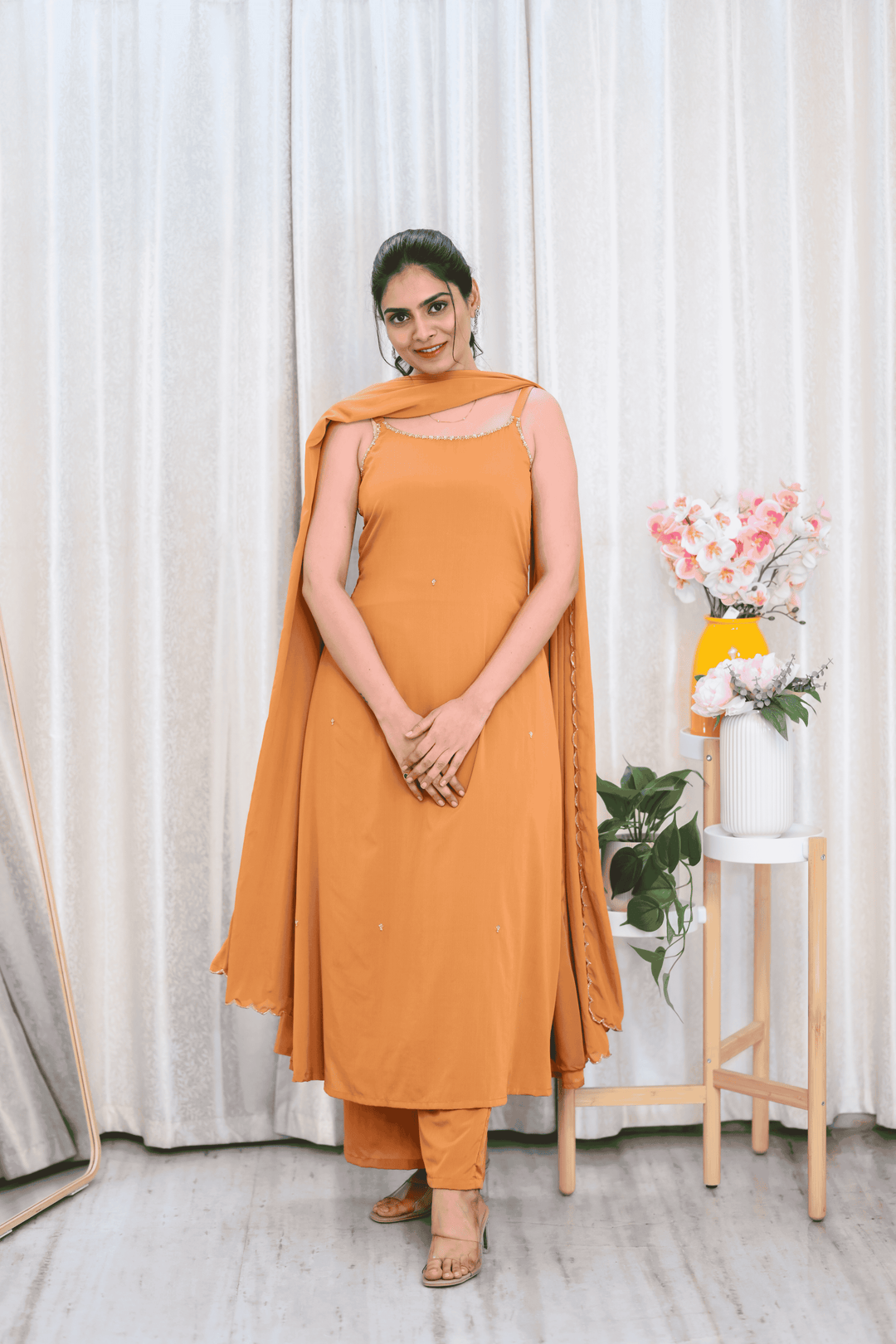 Elegant Mustard Straight-Cut Suit Set with Hand Embellished Neckline & Dupatta