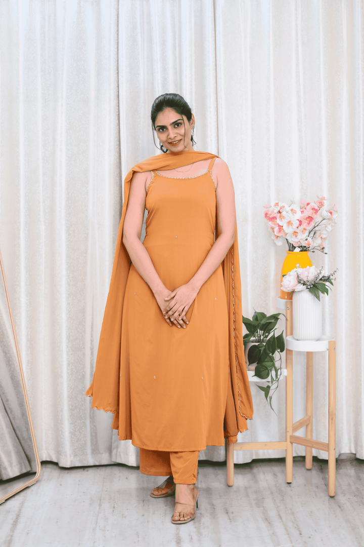 Elegant Mustard Straight-Cut Suit Set with Hand Embellished Neckline & Dupatta
