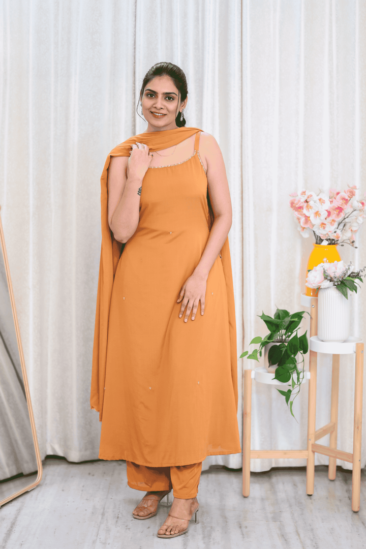 Elegant Mustard Straight-Cut Suit Set with Hand Embellished Neckline & Dupatta