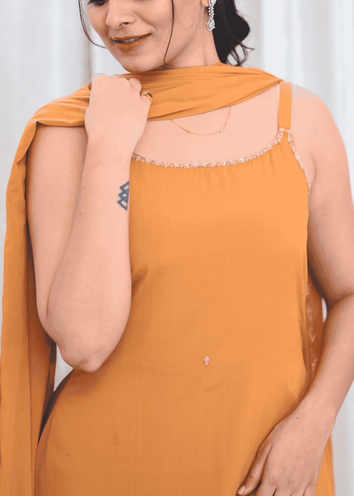 Elegant Mustard Straight-Cut Suit Set with Hand Embellished Neckline & Dupatta