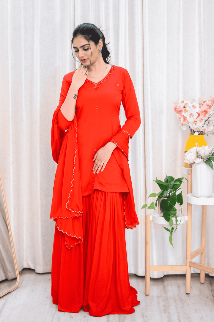 Vibrant Red Sharara Set with Delicate Thread Embroidery