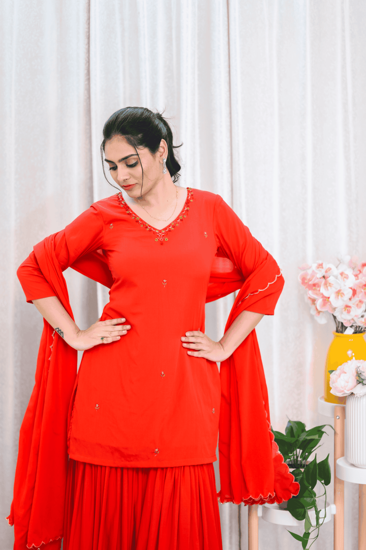 Vibrant Red Sharara Set with Delicate Thread Embroidery