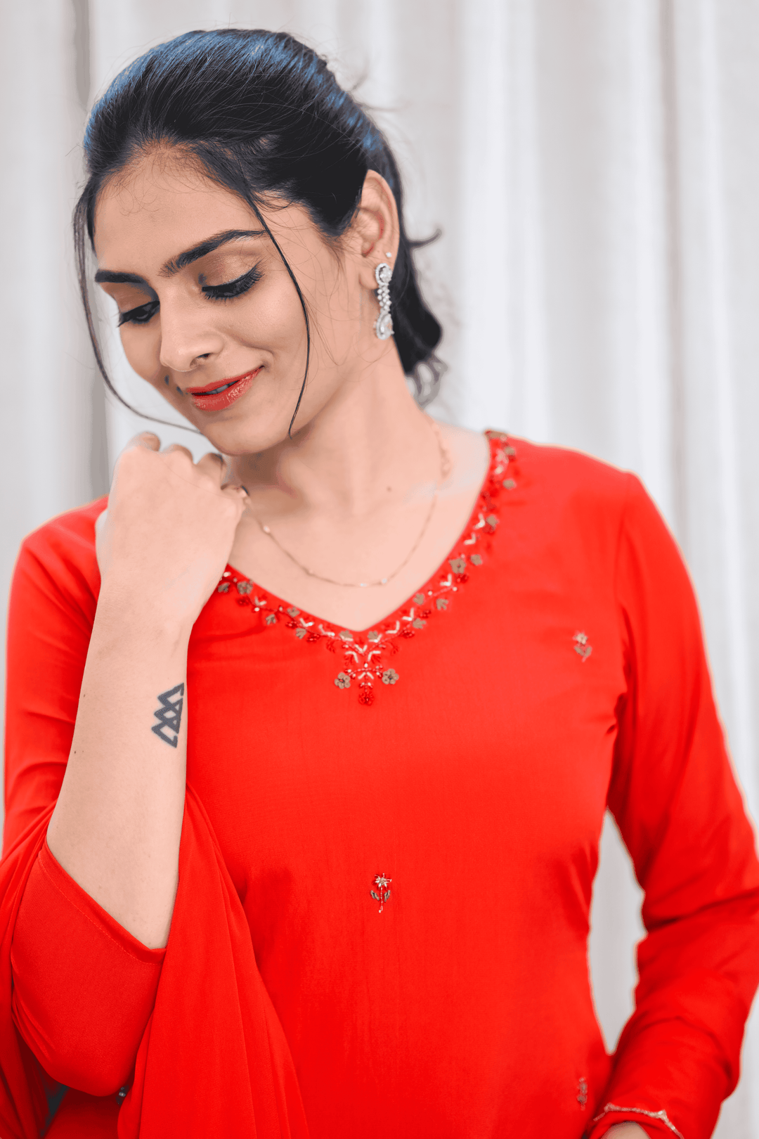 Vibrant Red Sharara Set with Delicate Thread Embroidery
