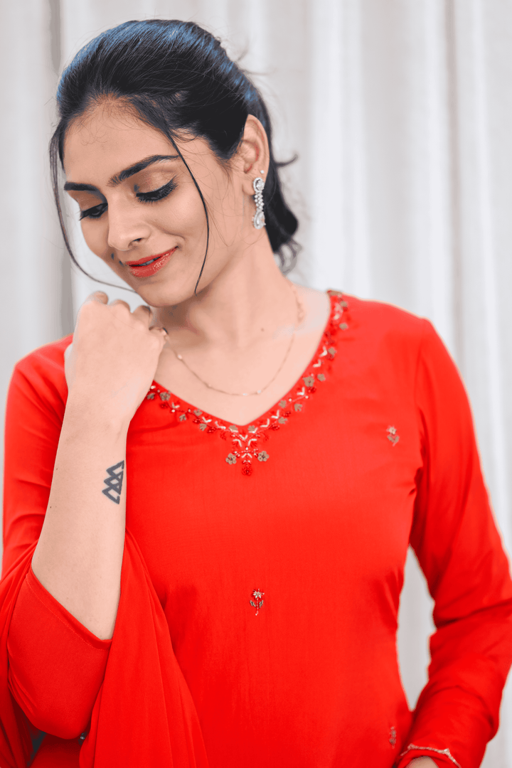 Vibrant Red Sharara Set with Delicate Thread Embroidery