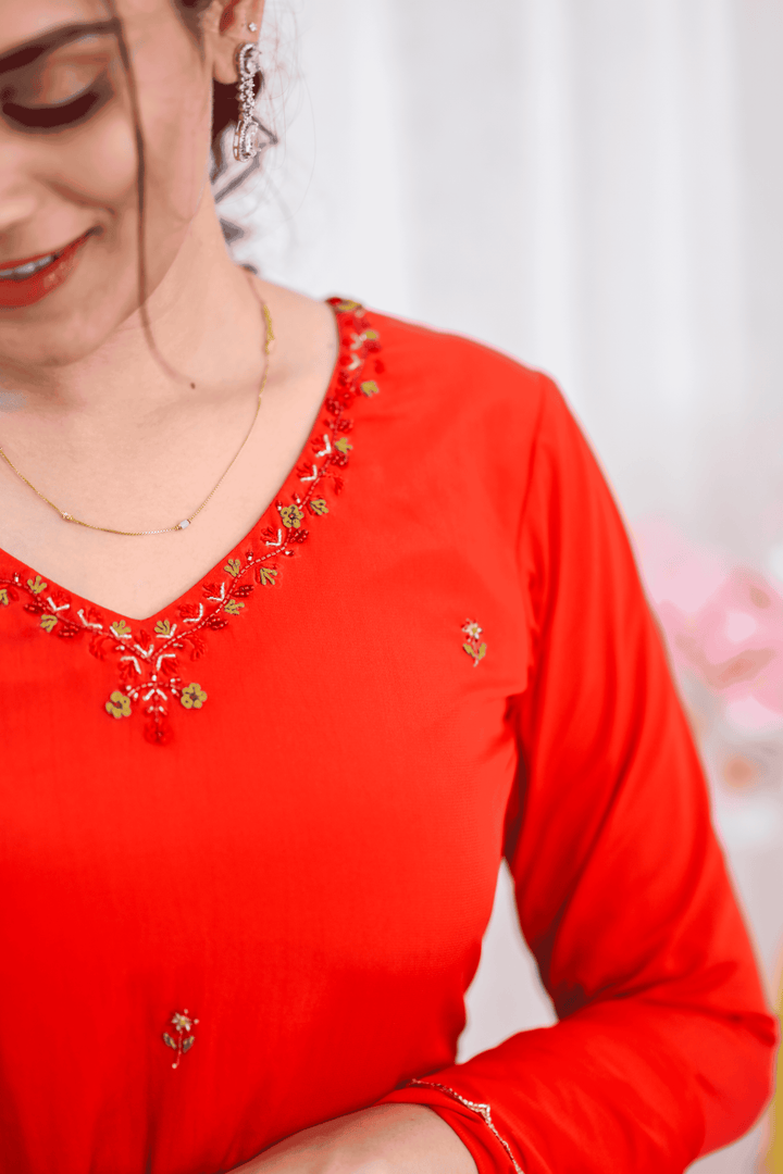 Vibrant Red Sharara Set with Delicate Thread Embroidery