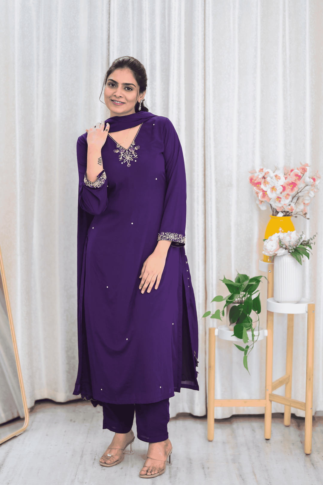 Elegant Violet Embroidered Kurti Set