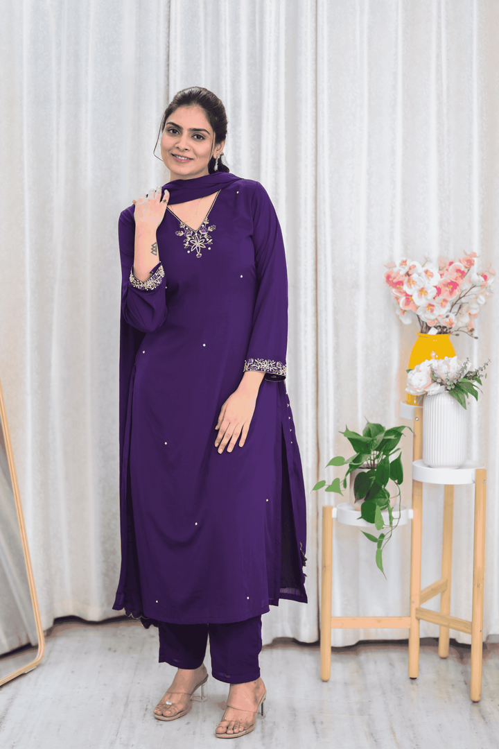Elegant Violet Embroidered Kurti Set