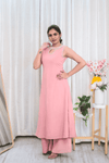 Blush Pink Elegance: Sleeveless Kurti Set with Floral Bead Embellishments