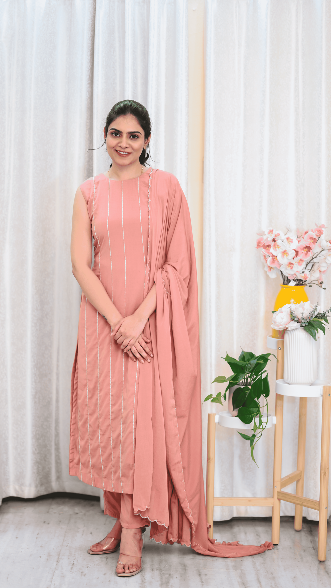 Blush Bloom – Sleeveless Straight Kurti Set  with Delicate Embroidery