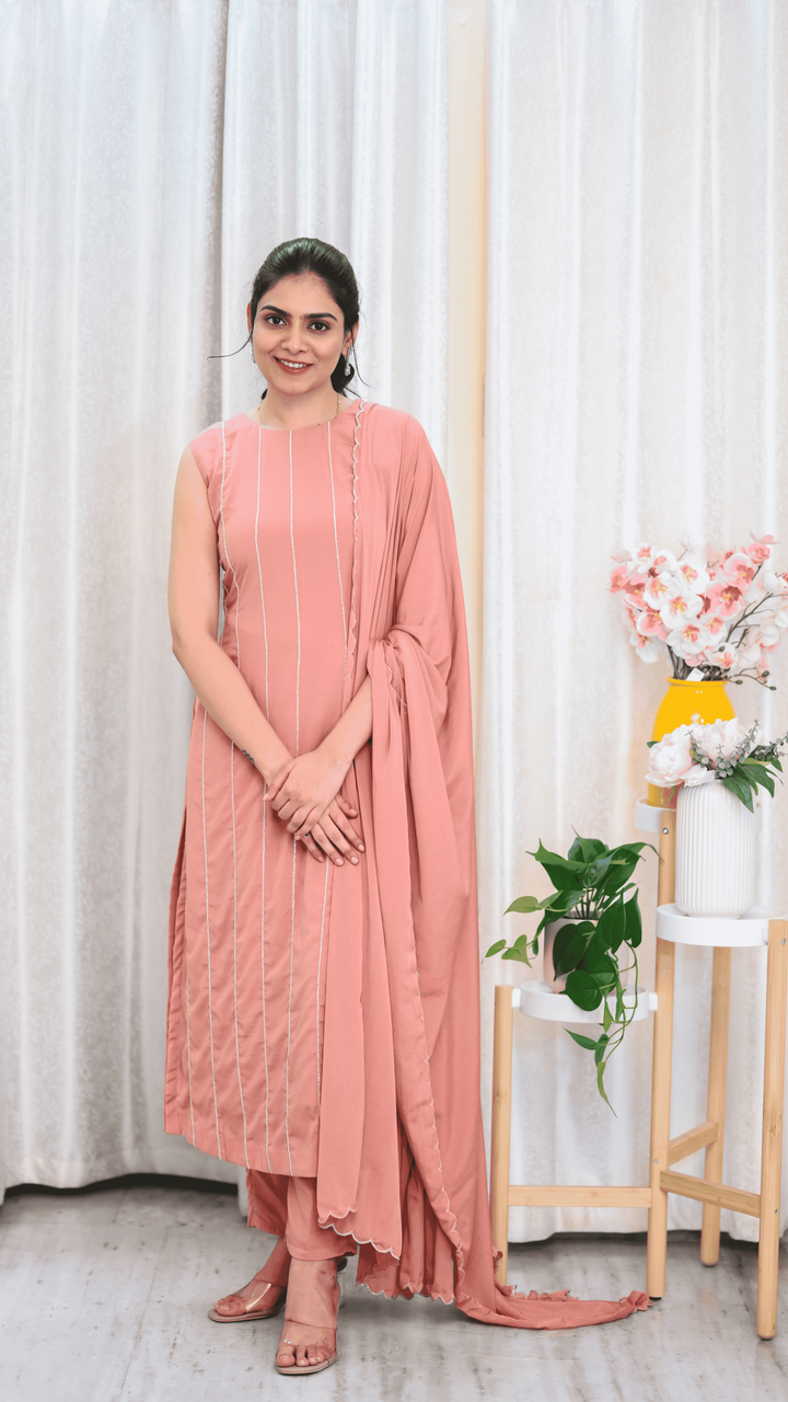 Blush Bloom – Sleeveless Straight Kurti Set  with Delicate Embroidery