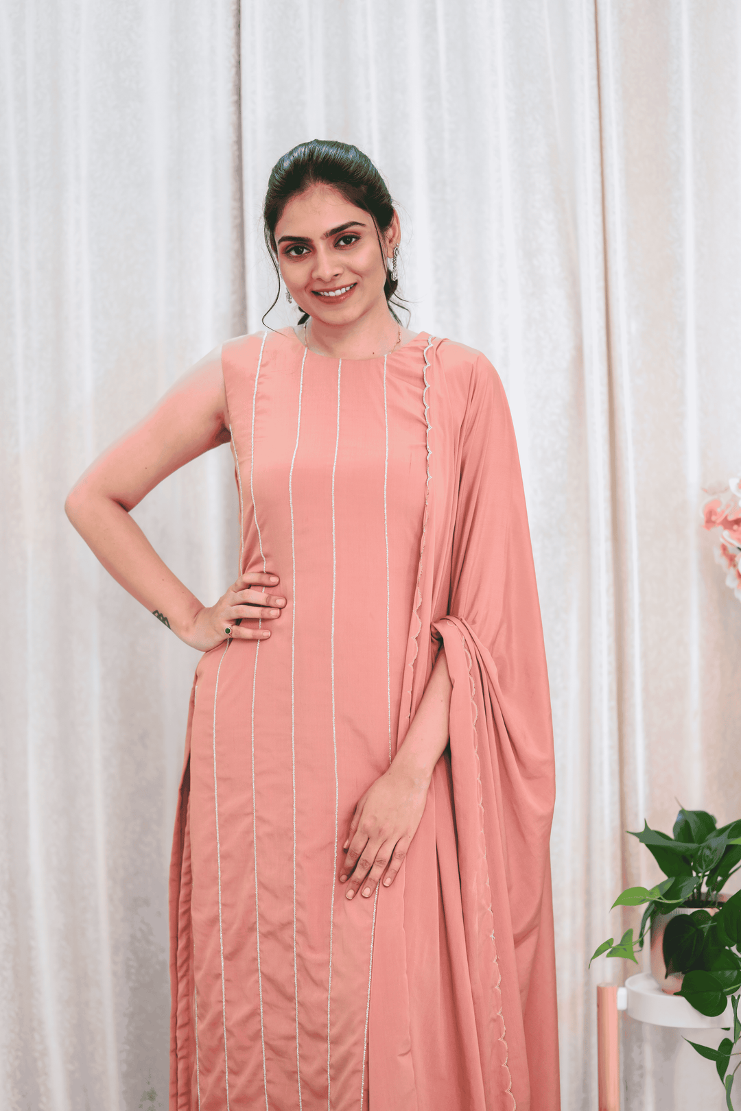 Blush Bloom – Sleeveless Straight Kurti Set  with Delicate Embroidery