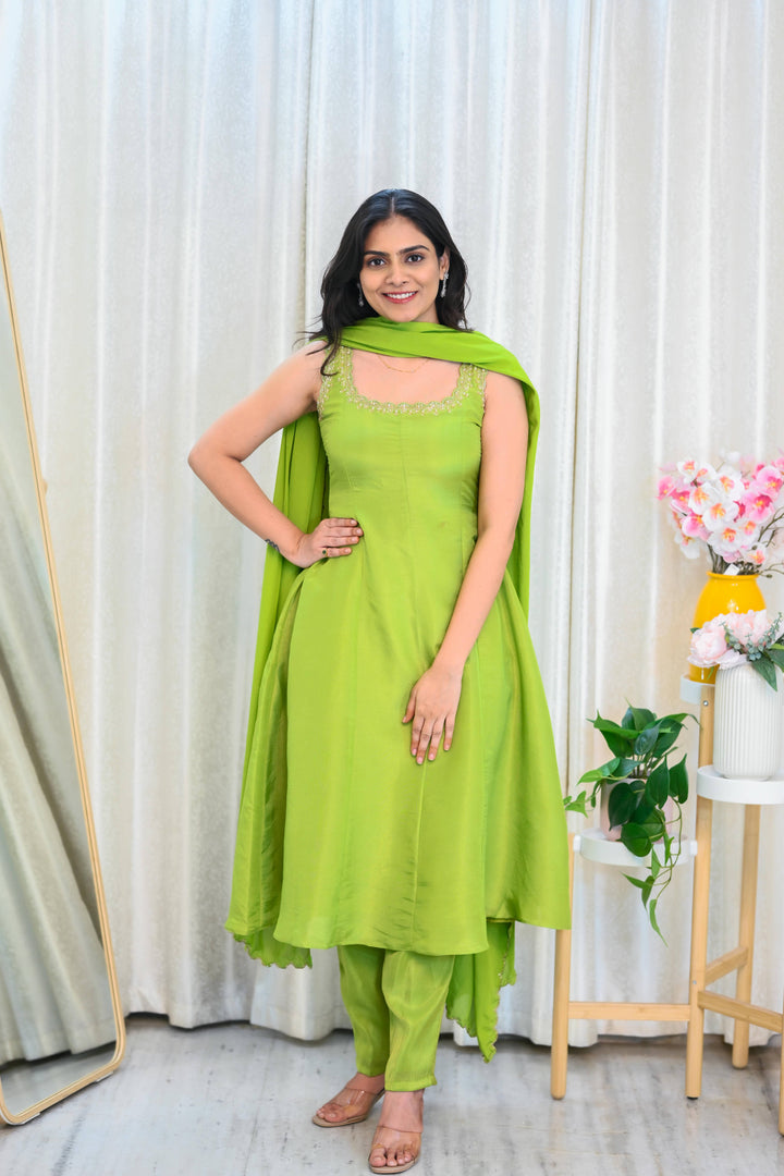 Lime Green Tissue Silk Anarkali with Hand Embroidery