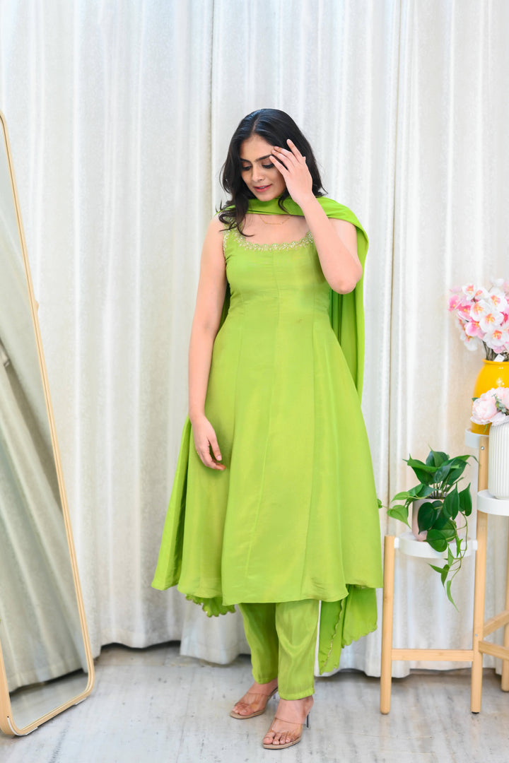 Lime Green Tissue Silk Anarkali with Hand Embroidery