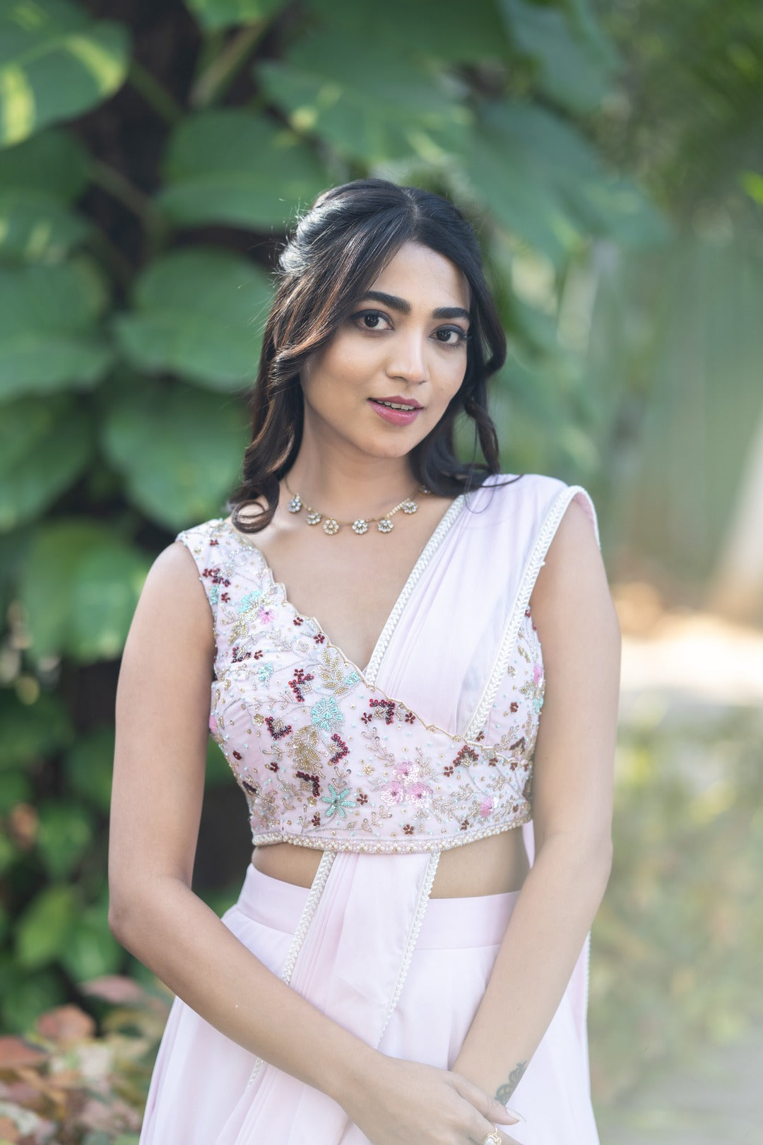 Light Pink Embroidery Layered Lehenga