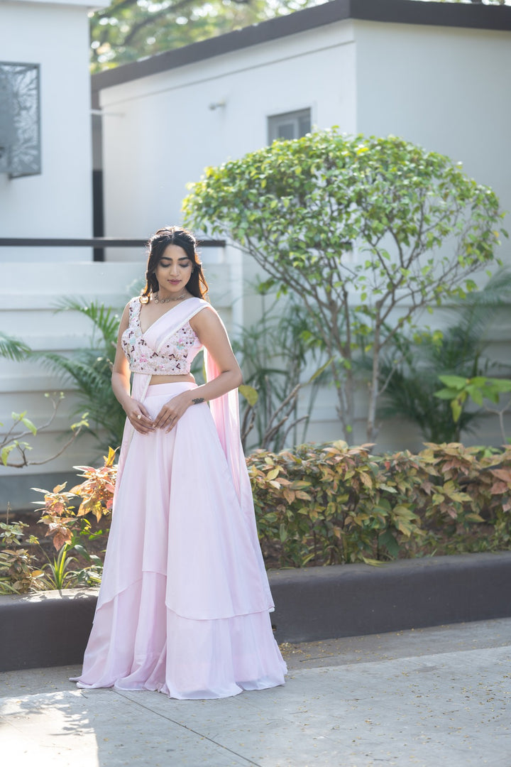 Light Pink Embroidery Layered Lehenga