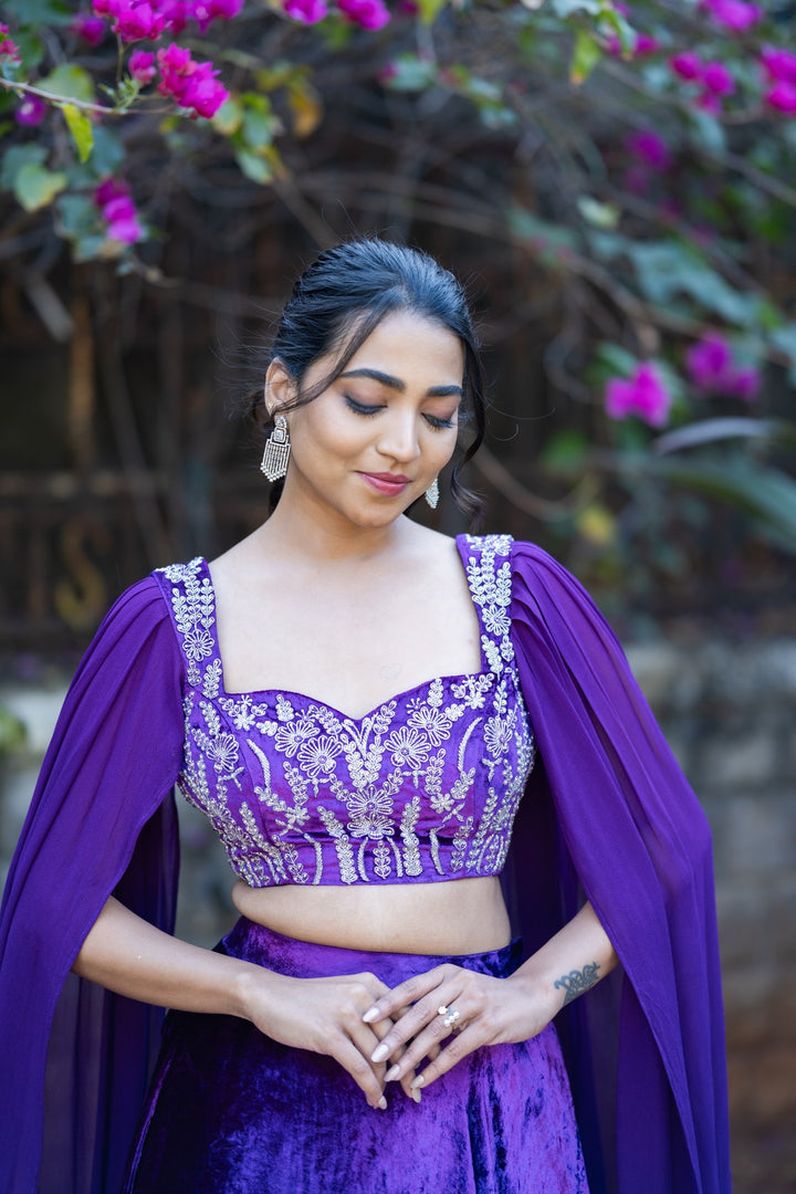 Royal blue velvet embroidery lehenga