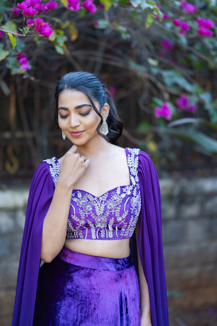 Royal blue velvet embroidery lehenga