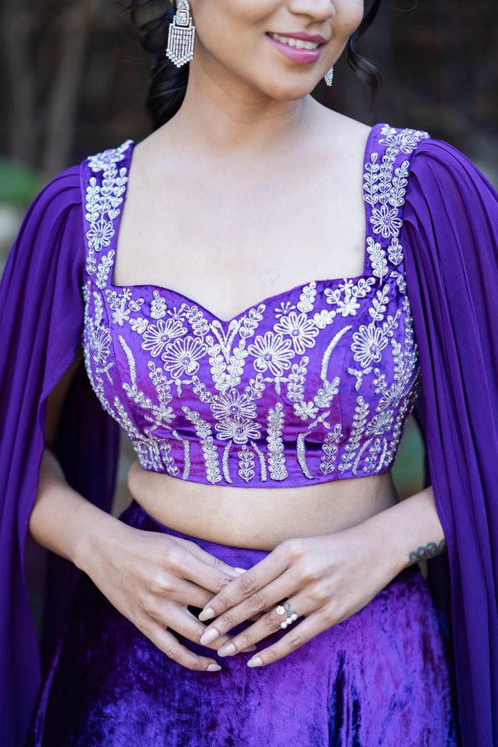 Royal blue velvet embroidery lehenga