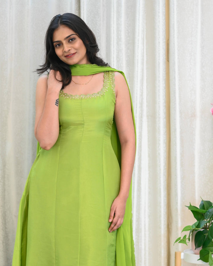 Lime Green Tissue Silk Anarkali with Hand Embroidery