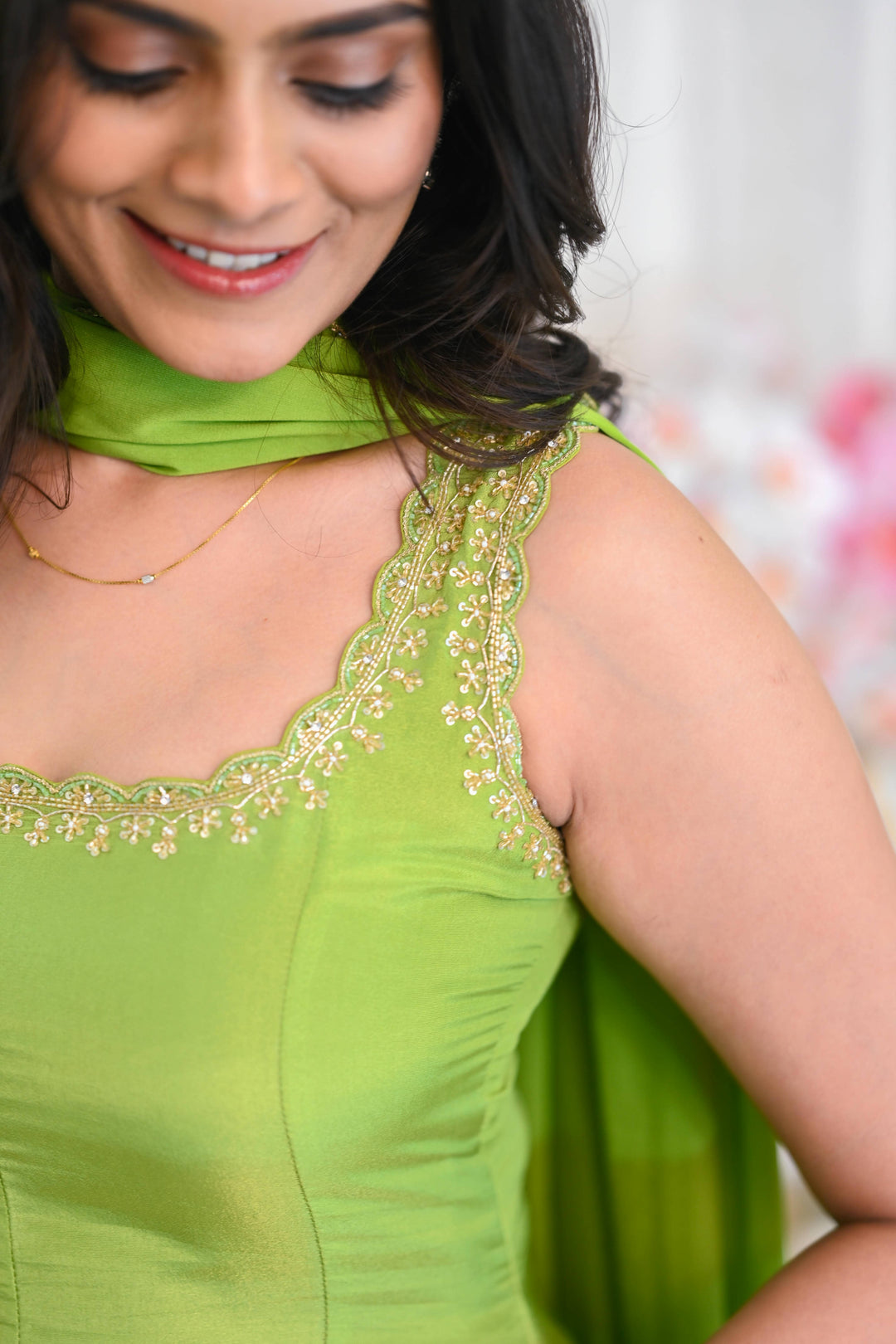 Lime Green Tissue Silk Anarkali with Hand Embroidery