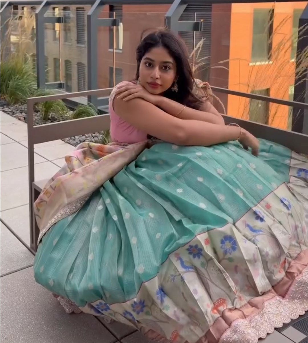 Tissue Zari Kota Lehenga with Mint Green Skirt & Powder Rose Blouse