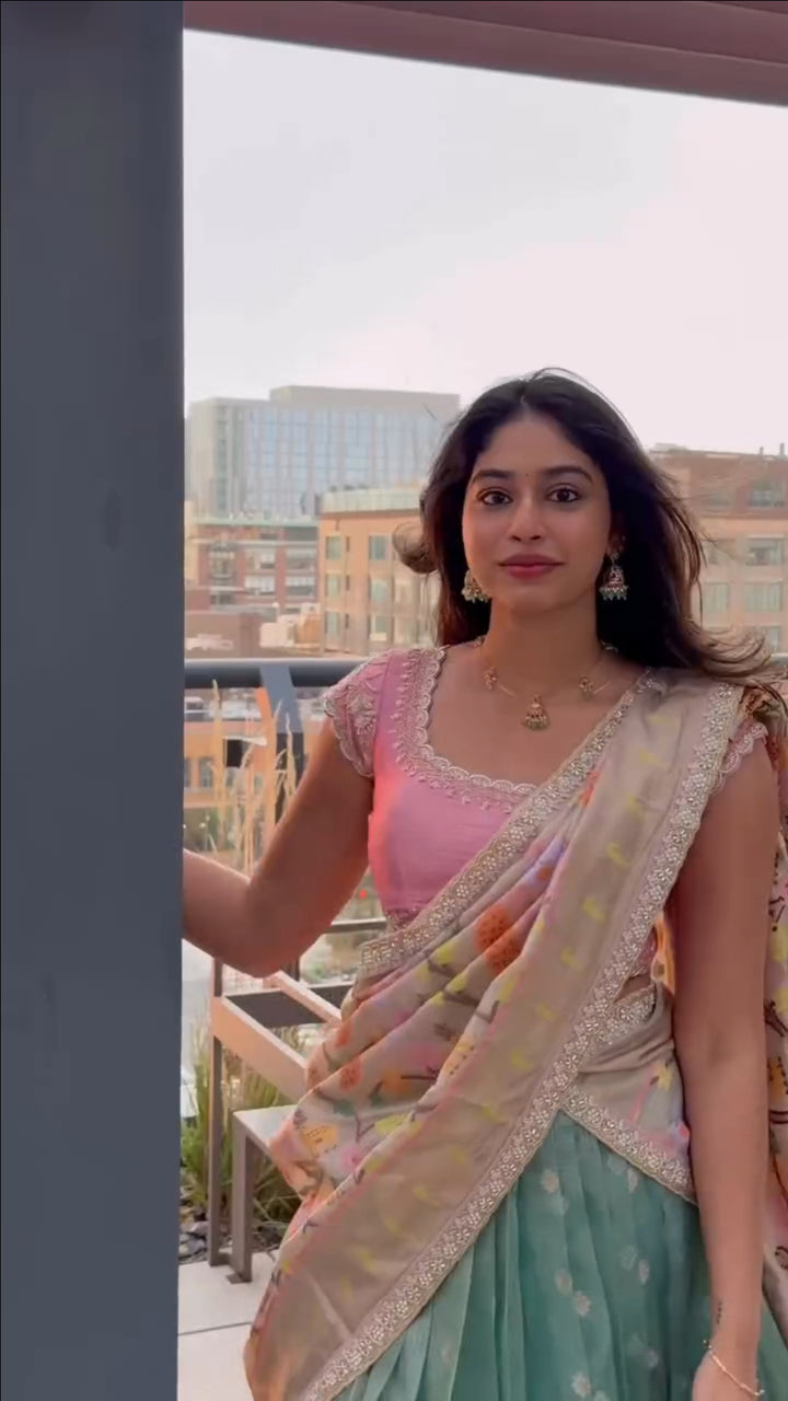 Tissue Zari Kota Lehenga with Mint Green Skirt & Powder Rose Blouse