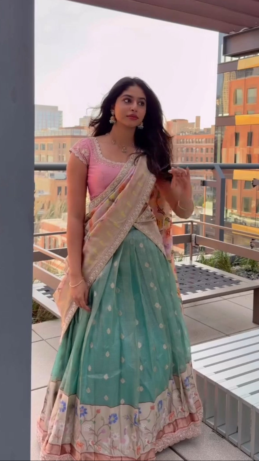 Tissue Zari Kota Lehenga with Mint Green Skirt & Powder Rose Blouse
