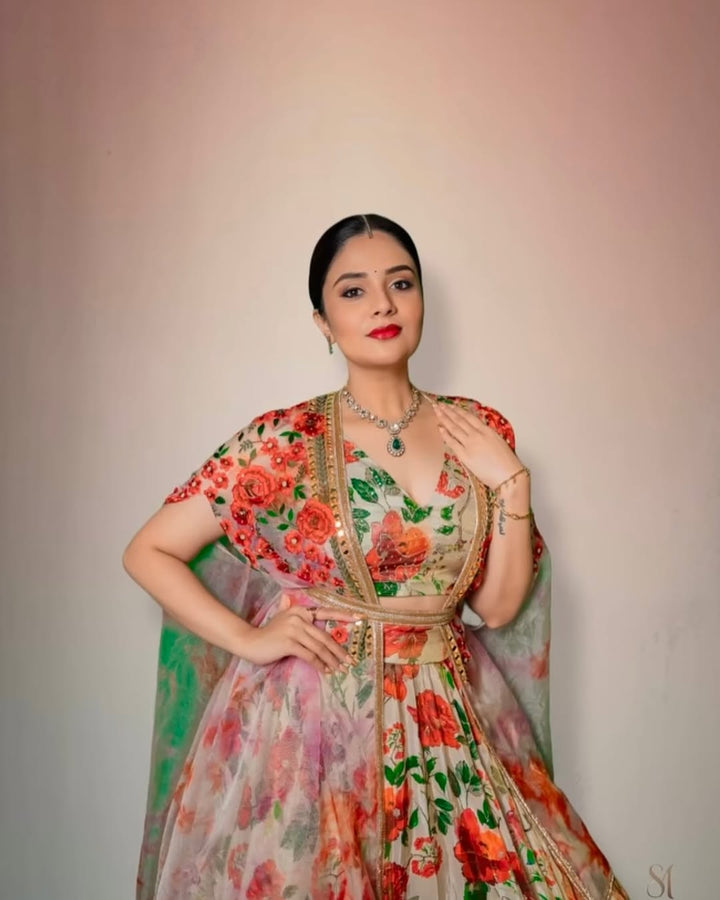 Tissue floral embroidery lehenga